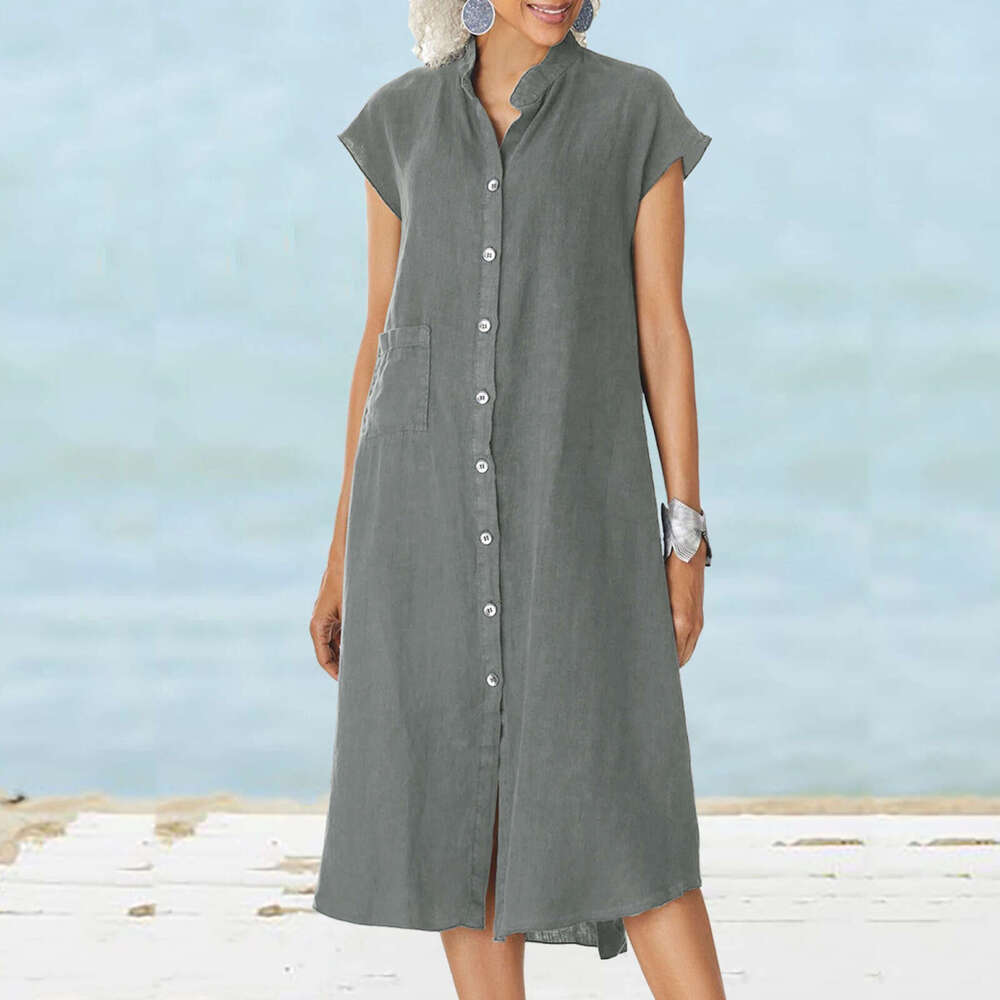 New Cardigan Stand Collar Single-Breasted Cotton Linen Pocket Plus Size Dress Slip B5