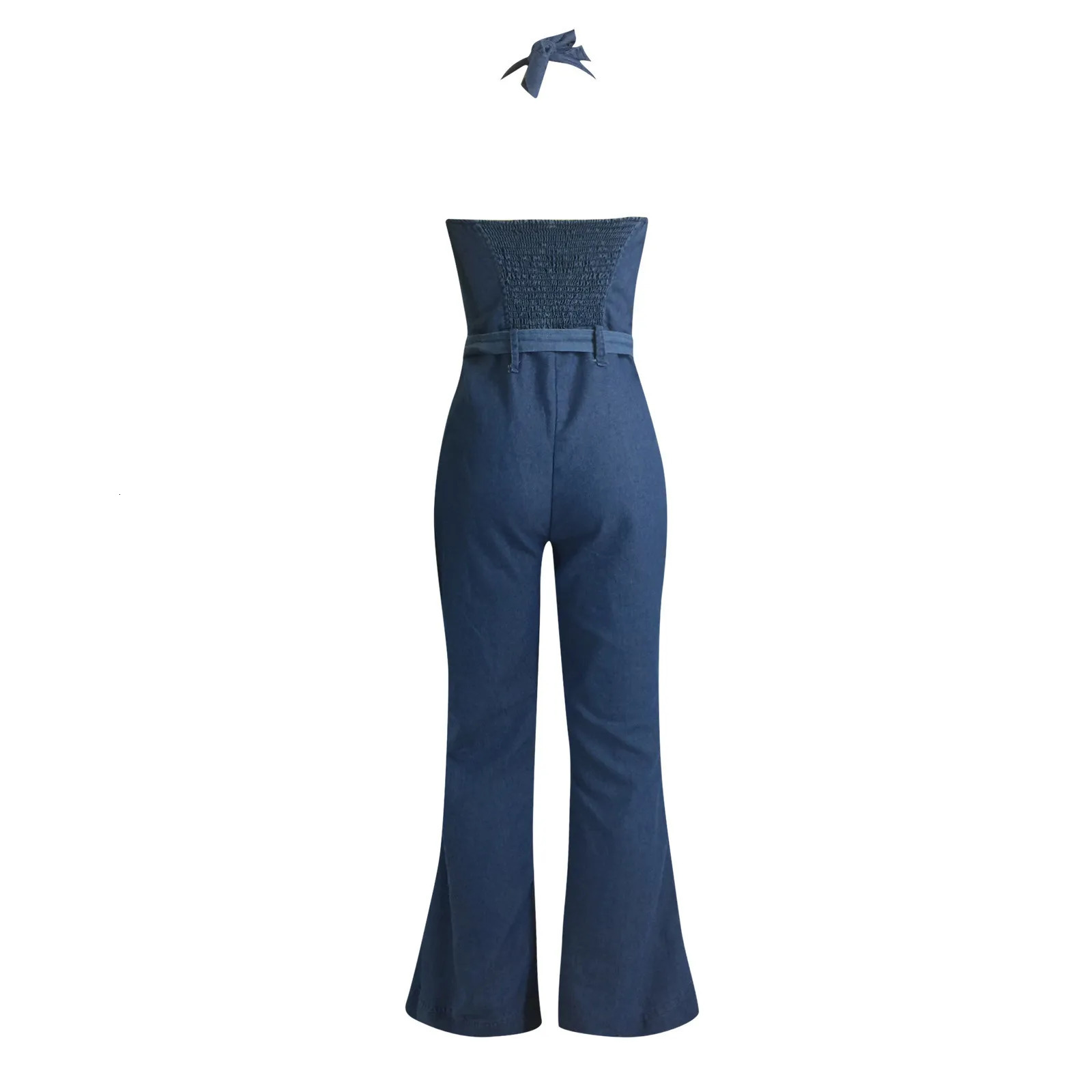 Womens Slim Fit Halter Sleeveless Casual Denim Jumpsuit Elegant Women Bodycone Playsuit With Belt Fashion Skinny Flare Pants 250603