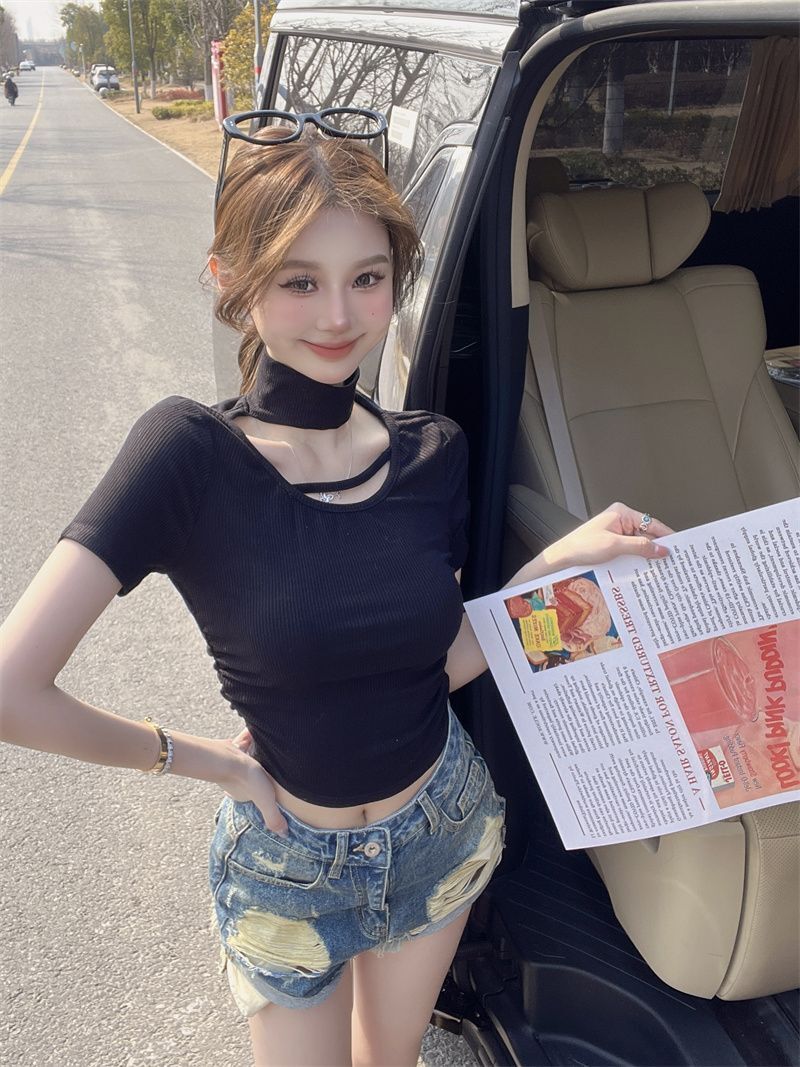 2025 New Spring and Summer Women's T-shirt Summer New Design Unique Hollow High Neck Short Sleeve Women's T-shirt Novel and Simple Spicy Gir