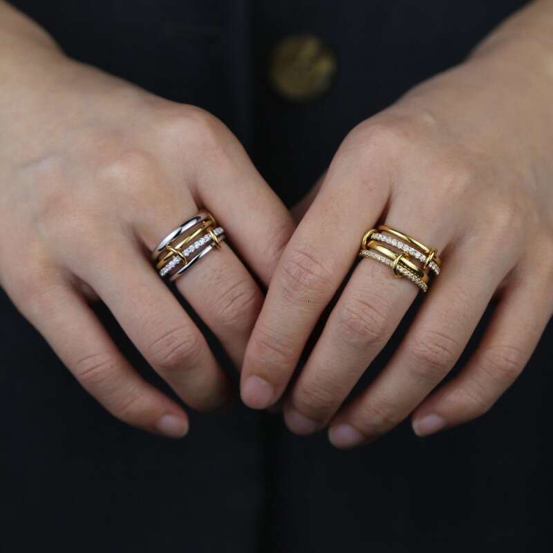 Exaggerated Four-Ring Two-Tone Stacked Full Diamond Zircon Copper Non-Tarnish Personality Ring