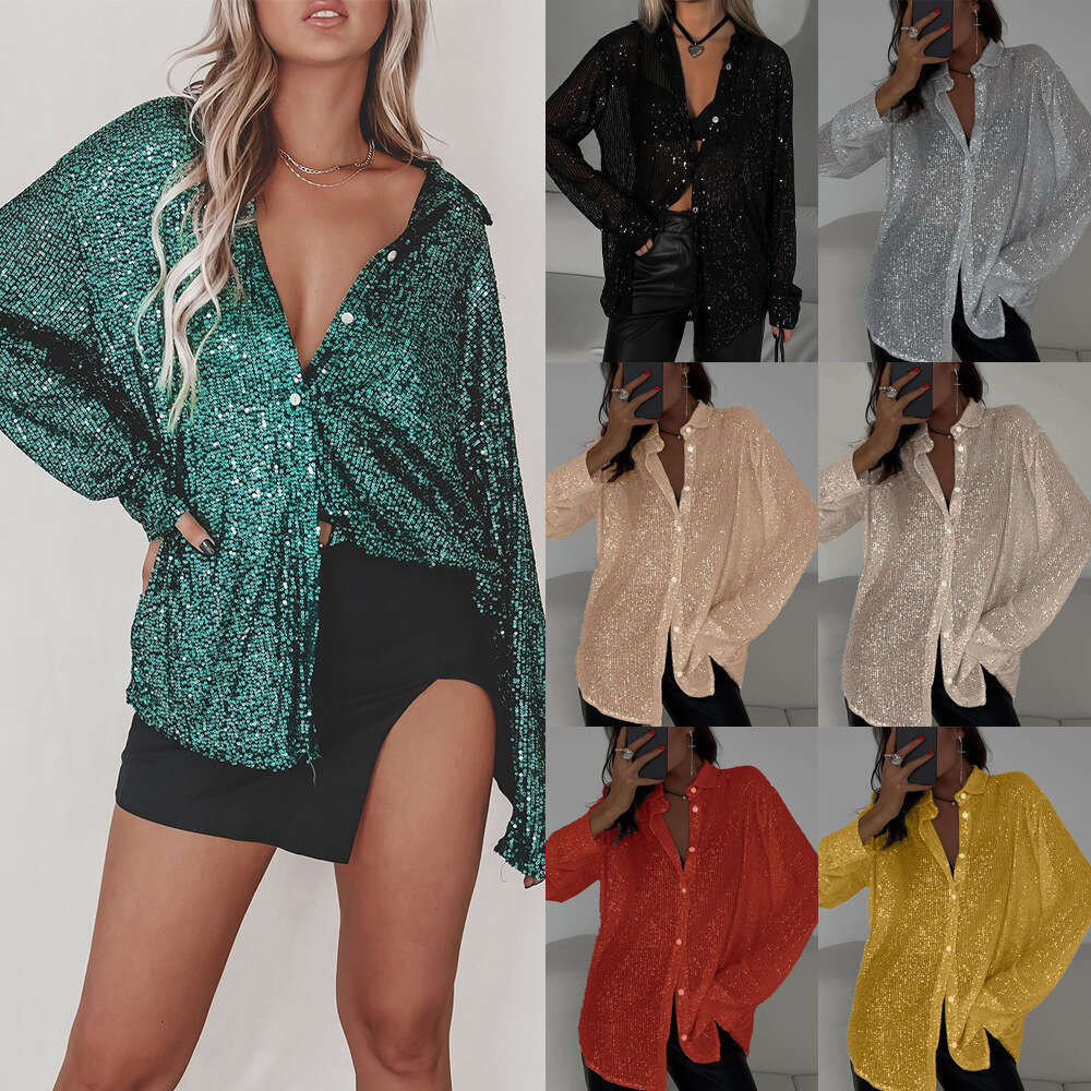 Spring Summer New Sequin Top Turn-Down Collar Long Sleeve Cardigan Basic Women's Shirt Jacket B5
