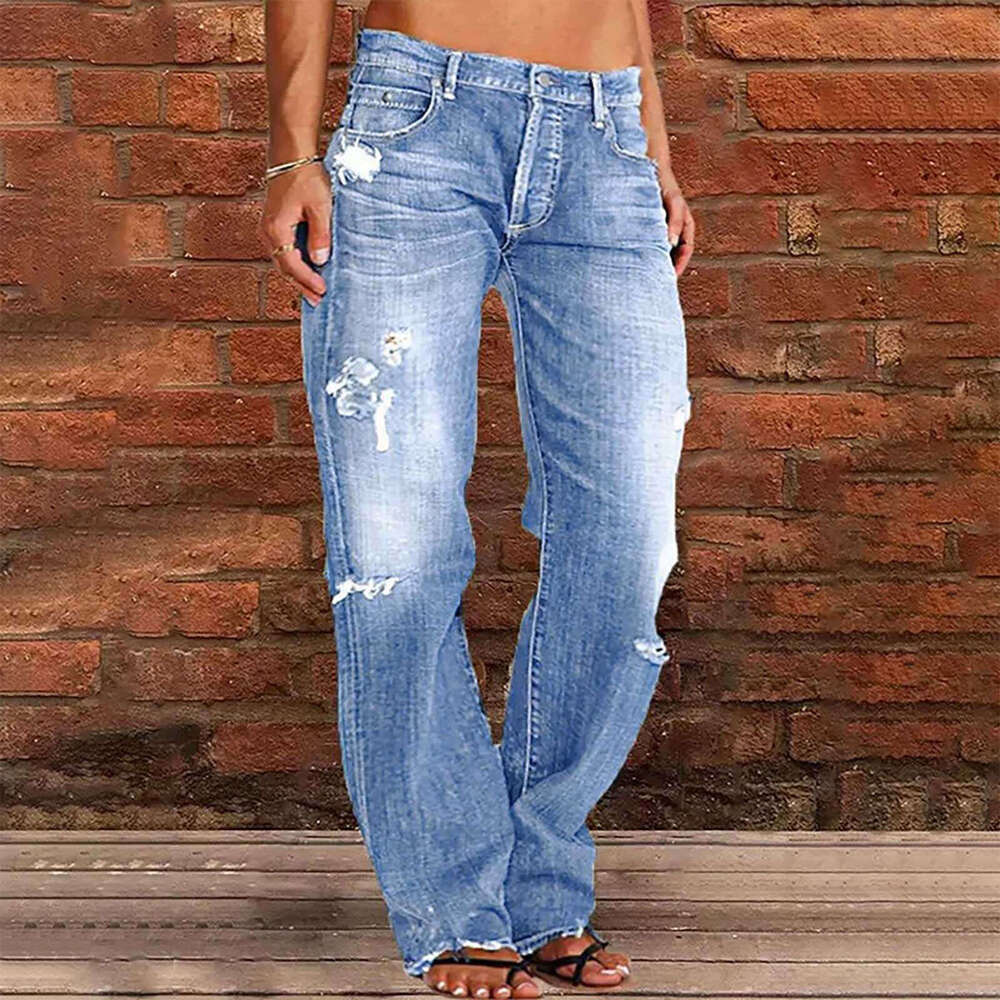 Women's Denim Trendy Distressed Mid-Waist Ripped Casual Straight Long Pants B5