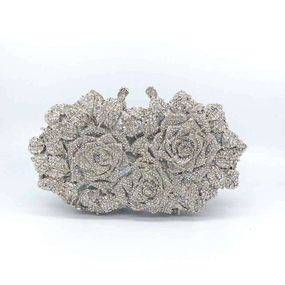 Hollowed-Out Rose Rhinestone Evening Crystal Women's Wedding Bridal Dinner Gown Bag Fashionable Banquet Handbag