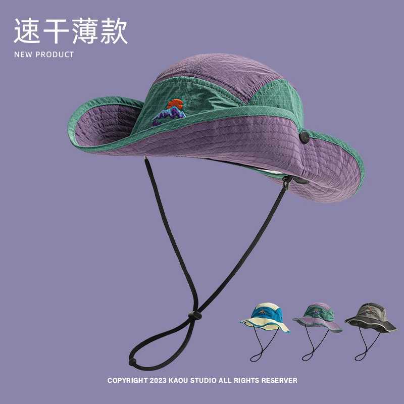 Japanese Summer Quick-drying Breathable Bucket Hat Men and Women Color Matching Mountain Embroidery Sunshade Camping Fishing Cap W250602