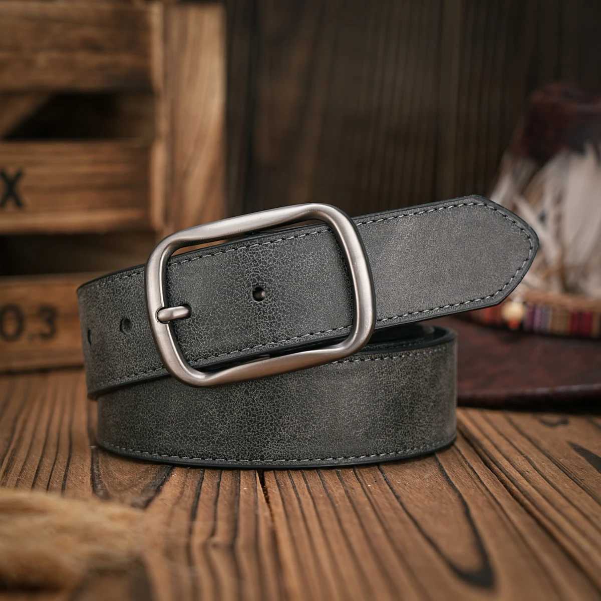 Men - Women - Western Denim - PU Leather - Belt - Vintage Jeans with Carved Buckle Brown Belt XJ250602
