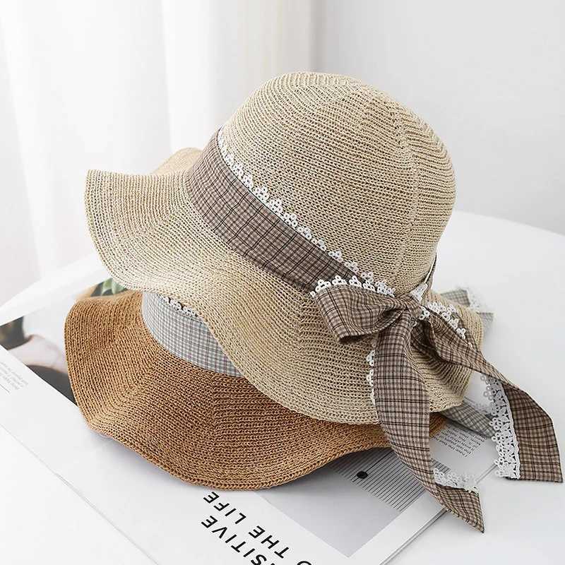Summer Sun Hat Womens Wave-edge Fisherman Hat Breathable Knitted Wide Brim With Dot Bow Ribbon Beach Accessories For Outdoor W250602