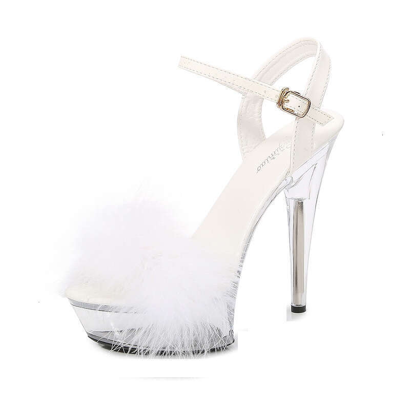Super High Heels Transparent Crystal Women's Furry Nightclub Super High Sandals Waterproof Platform Catwalk Thin Heel 13Cm 15Cm Stage Shoes Platf
