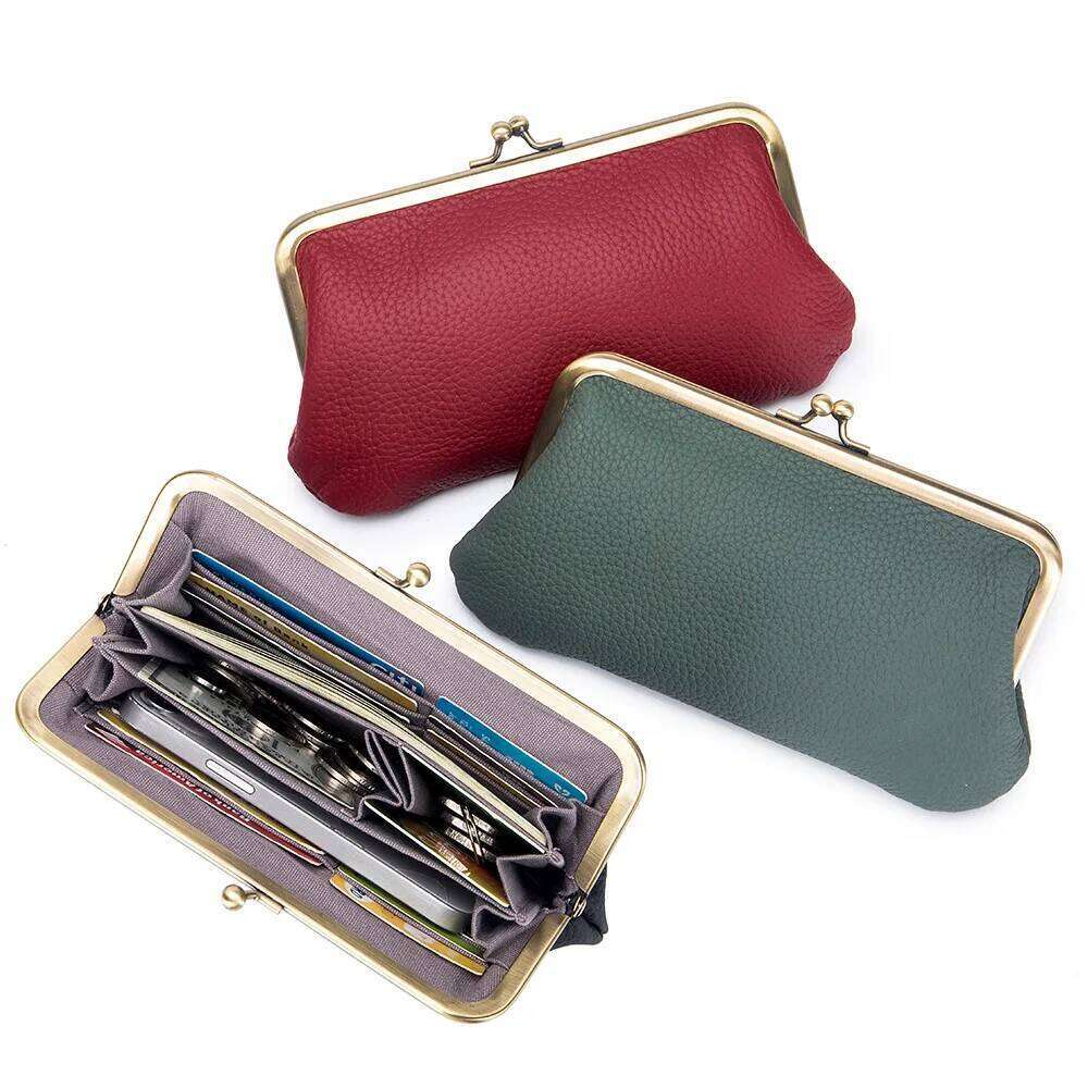 2024New Clutch Purses For Women Genuine Cow Leather Coin Purse Card Holder Fashion Casual Kiss Lock Phone Wallet Party Bag