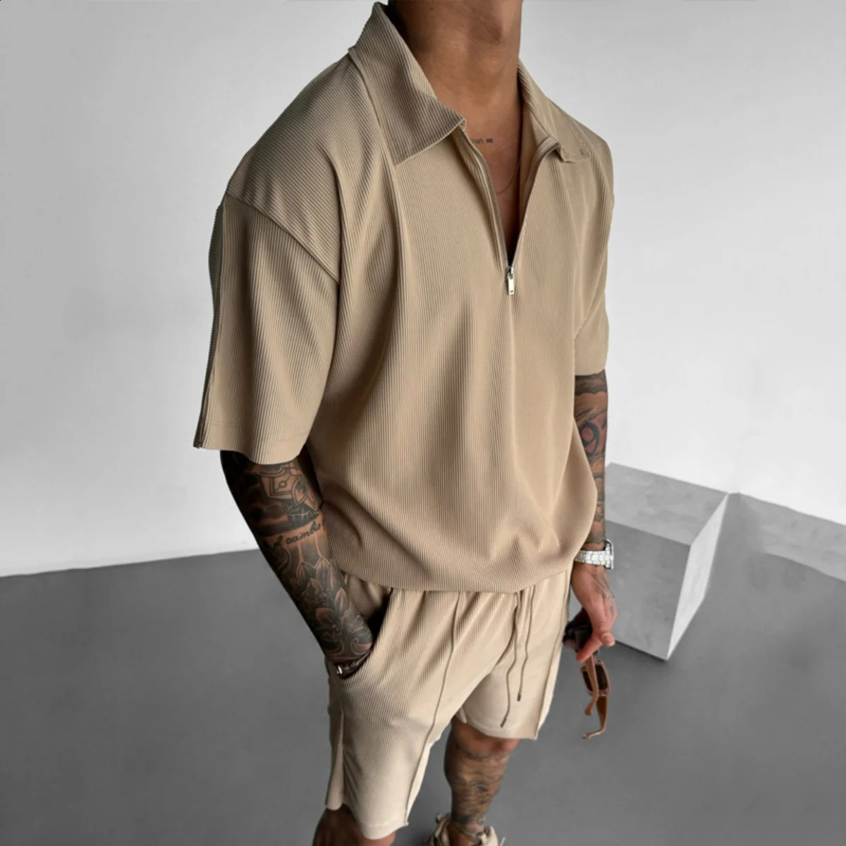 2025 summer mens zipper polo casual shortsleeved drawstring shorts suit solid color sports fashion 250530