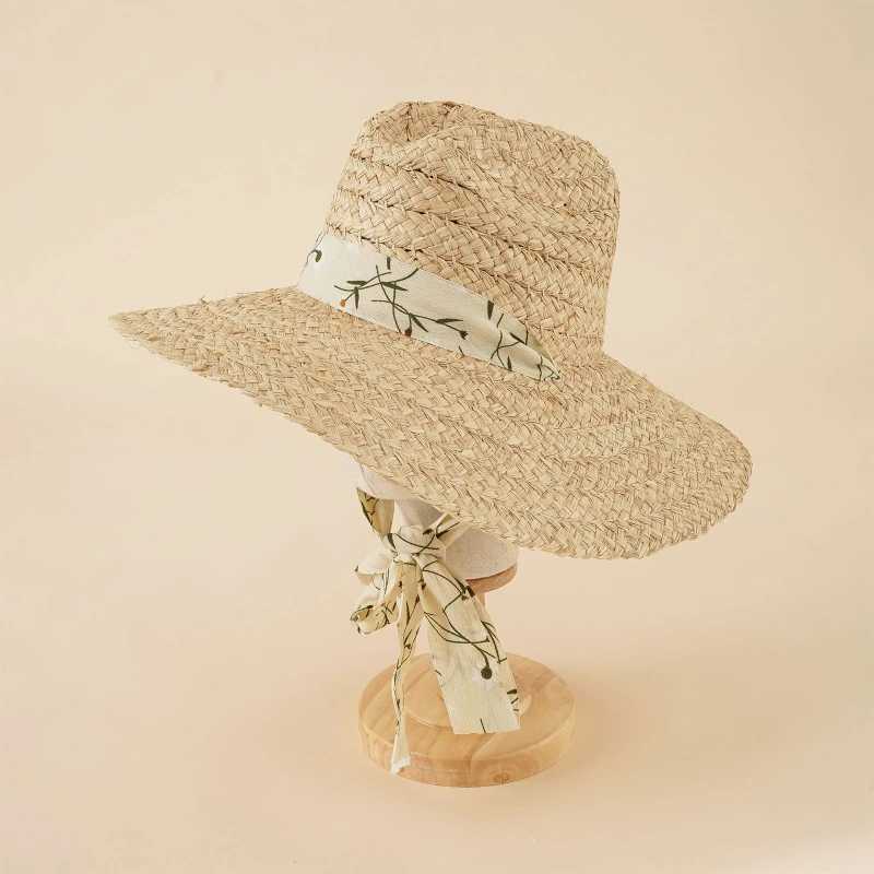 Sun Hat 53cm Head Circumference for Children Outdoor Chin Straps Adjustable Straw Hat Girls Raffia Sun Cap Summer Beach Seashore W250602