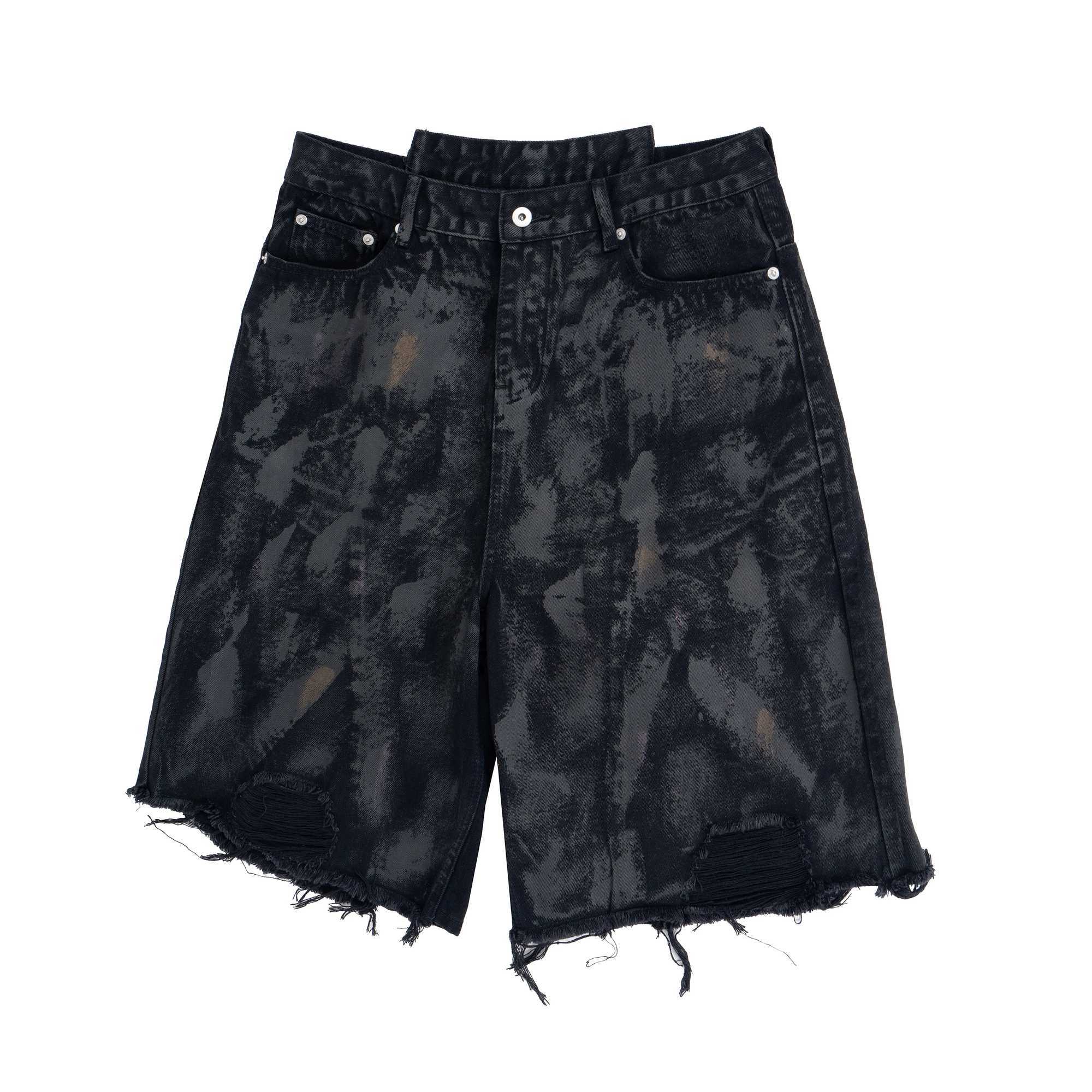 MIJKO Black Broken Hole Tassel Denim Shorts for Men Women Summer MJ017 T250603