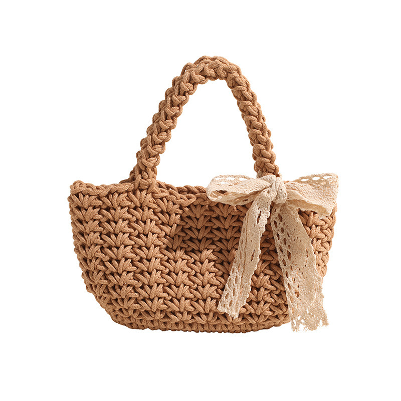 designer Summer Straw Woven Bag for Women, Stylish Bowknot Handheld Bucket Bag, Trendy Fashion Scarf Beach Vacation Woven Bag