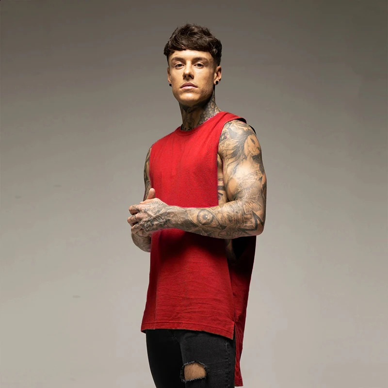 Mens Casual Gym Tank Top Summer Fitness Clothing Cotton Workout Sports Sleeveless Shirt Male Extend Long Singlet Hip Hop Vest 250527