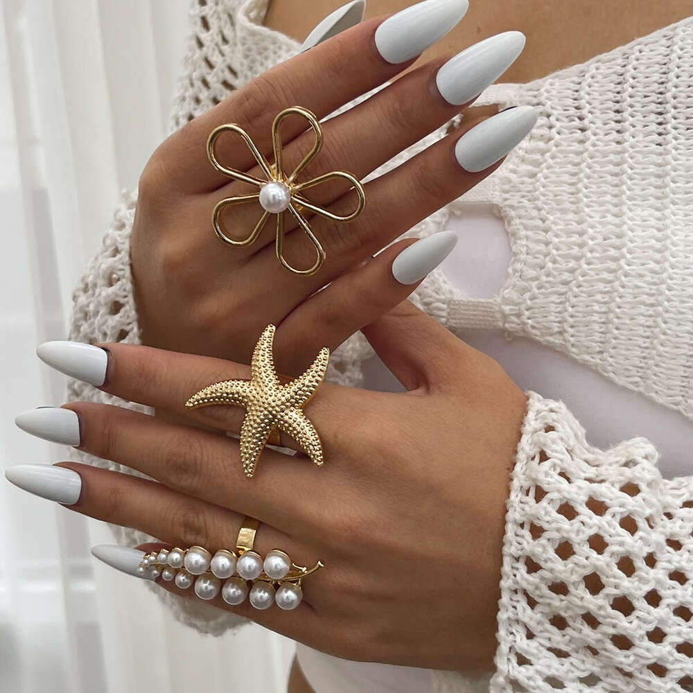 Jewelry Layered Irregular Alloy Rings INS Style Inlaid Pearl Branch Shape Ring Set