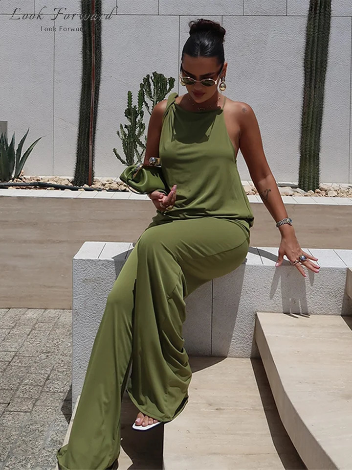 Halter Top Trouser Suits Women Satin Backless Irregular Vests Wide Leg Pants Sets Spring Summer Holiday Green Elegant Set Lady 250530