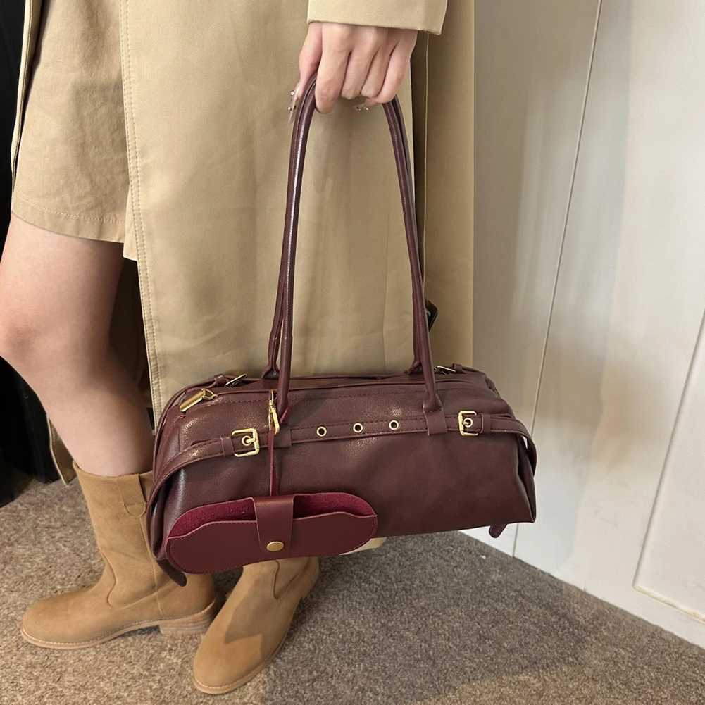 Boston Handbag for Women Solid Shoulder Bag PU Leather Casual Underarm Bag Retro Commuter Bag Y250603