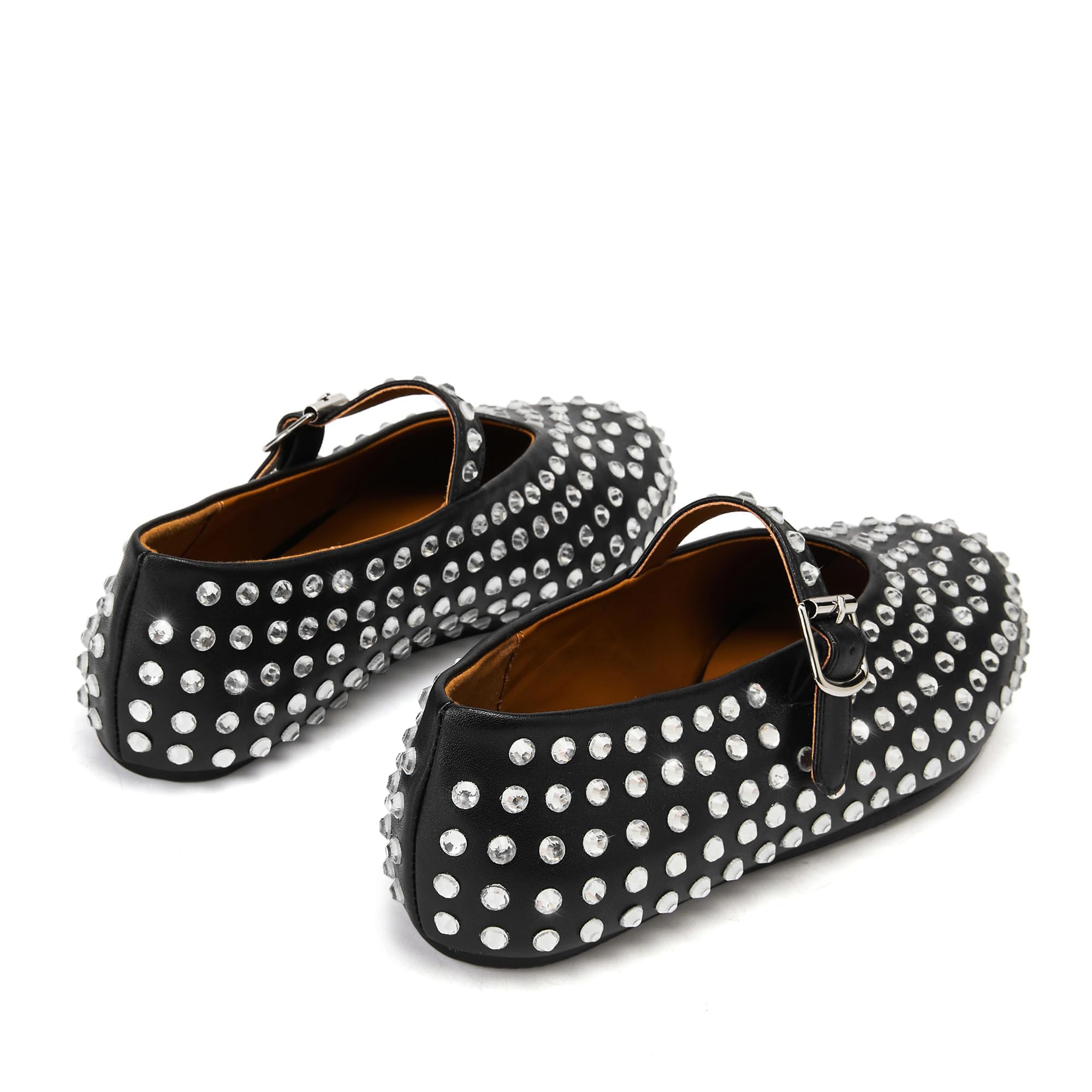 Crystal Rhinestone Flats for Women Buckle Strap Mary Jane Flats Glitter Studded Ballet Flats Comfortable Round Toe Casual Ballerina Dress Shoes