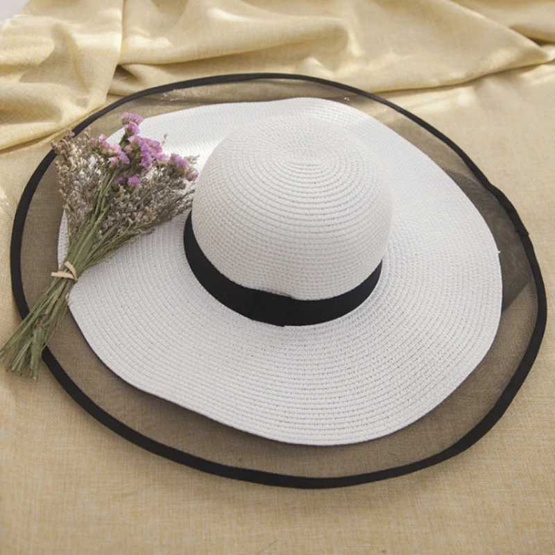 HT2504 Sun Hat Summer anti-UV Lady Wide Brim Hat Women Solid Plain Floppy Summer Straw Hats for Women Female Mesh Brim Beach Hat W250602