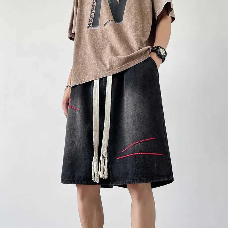 2025 Summer Mens Washed Embroidered Straight-leg Denim Shorts Y2K Vintage Drawstring Baggy Jorts High Street Fashion Short Jeans T250603