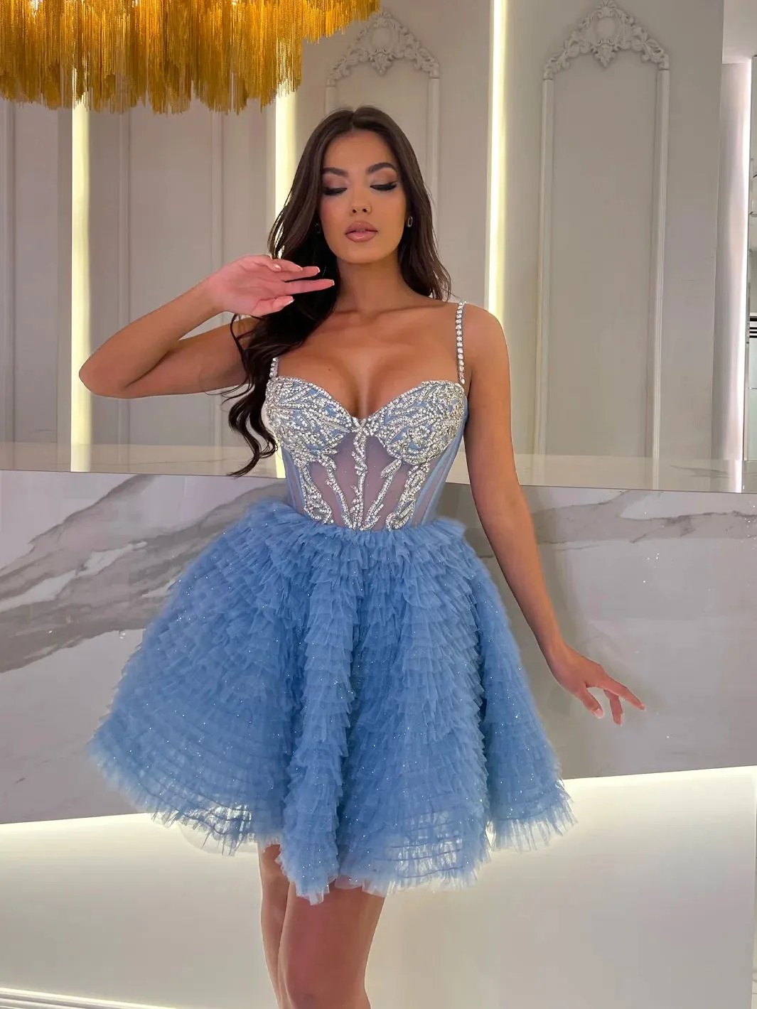 Sexy Spaghetti Straps Cocktail Evening Dress Tulle Tiered Ruffles Short Mini Prom Dress A Line Party Graduation Dresses Customized