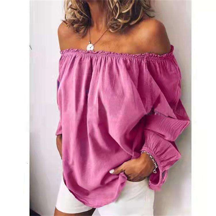 Autumn Winter Off-Shoulder Elastic Pleated Cotton Linen Solid Color Long Sleeve Women's Shirt B5