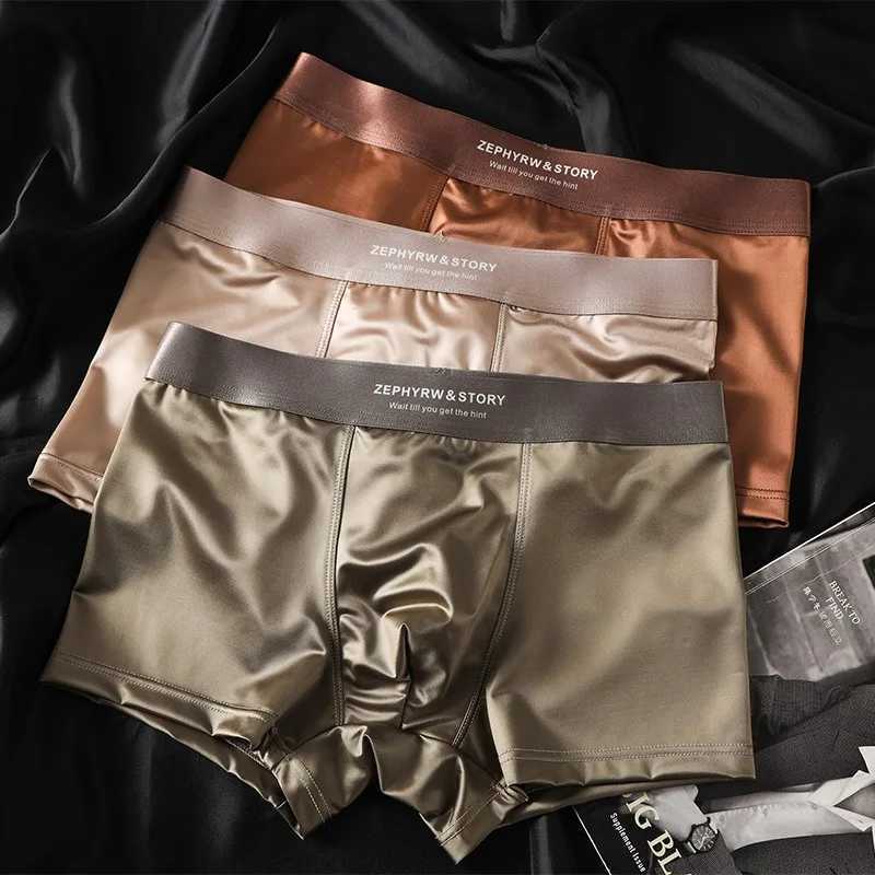 3Pcs Luxury Ice Silk Satin-like Mens Underpants Man Underwear Smooth Cool Solid Breathable Boxer Shorts W250603