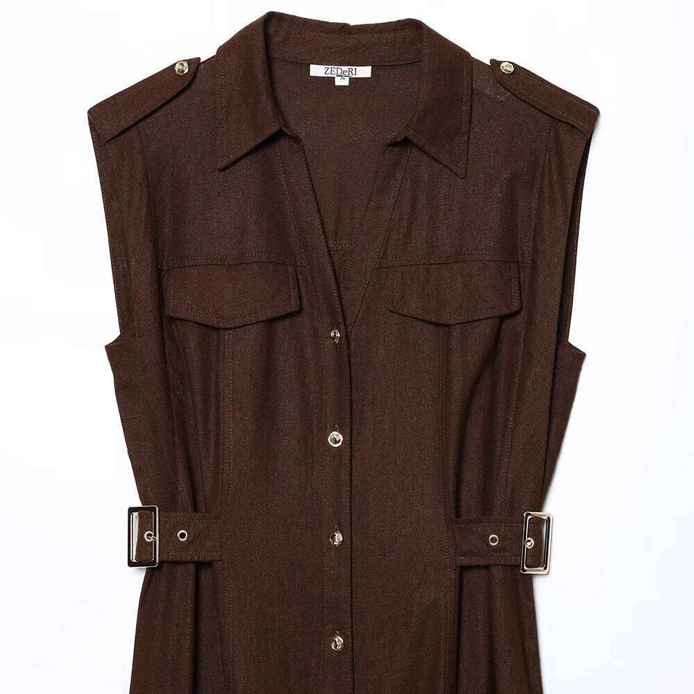Khaki Brown Two Color Turn Down Collar V Neck Sleeveless Single Breasted Women Comfortable Long Dress 2025 Spring New