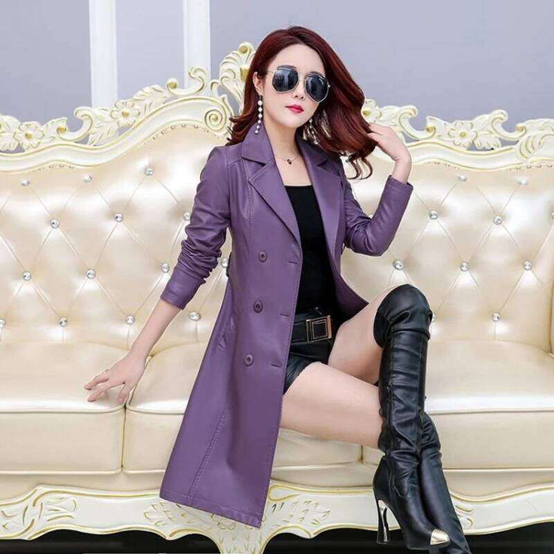 2023 Autumn Real Coat women's Femme Casual Long Slim Street Fashion Sheep Leather Women Windbreaker Jacket Female 5X
