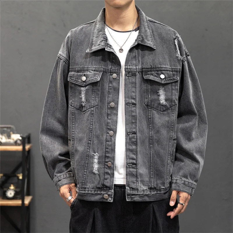 Spring Autumn Mens Denim Jacket Cotton Hole Jeans Jackets Men Coat Loose Casual Denim Streetwear Hip Hop Jean Jackets Coat 250529