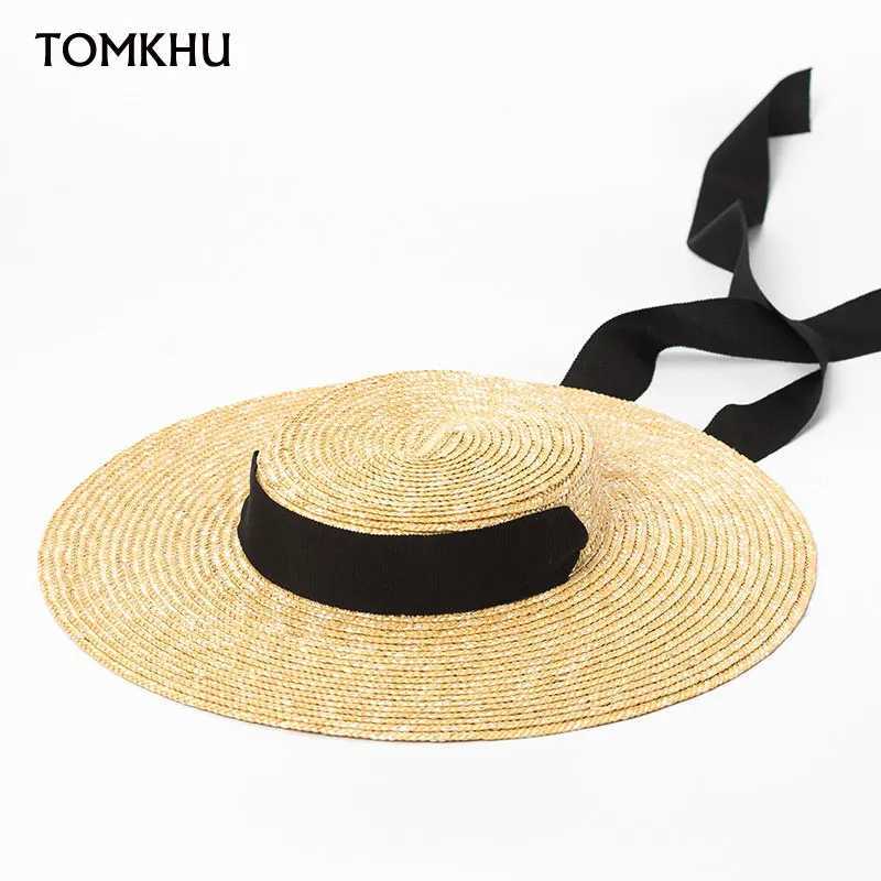 New Wide Brim Sun Hats 15cm Brim Boater Straw Hat Flat Women Summer Derby Chapeau Hat White Black Ribbon Tie Sunscreen Beach Cap W250602