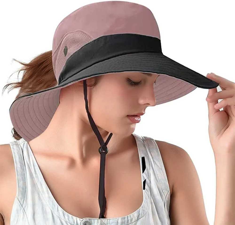 Ponytail Sun Bucket Hats for Women UV Protection Foldable Mesh Wide Brim Hiking Beach Fishing Summer Safari W250602