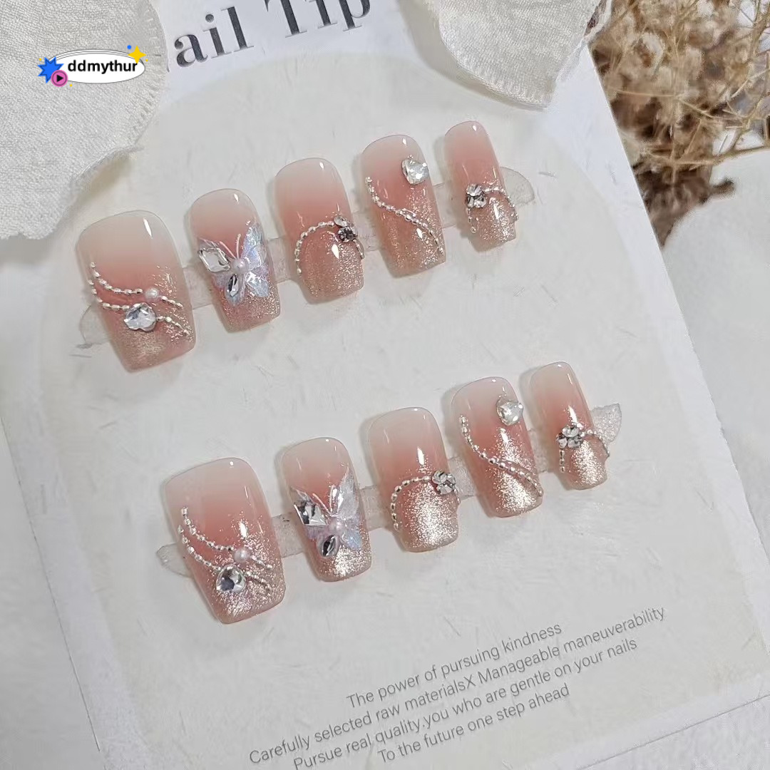 Wearable Nails 10 Pieces S200 Pearl Curtain Dream Short Ladder Butterfly Crushed Dia Glitter Chain Brightening Temperament Nail Art Finished Products 