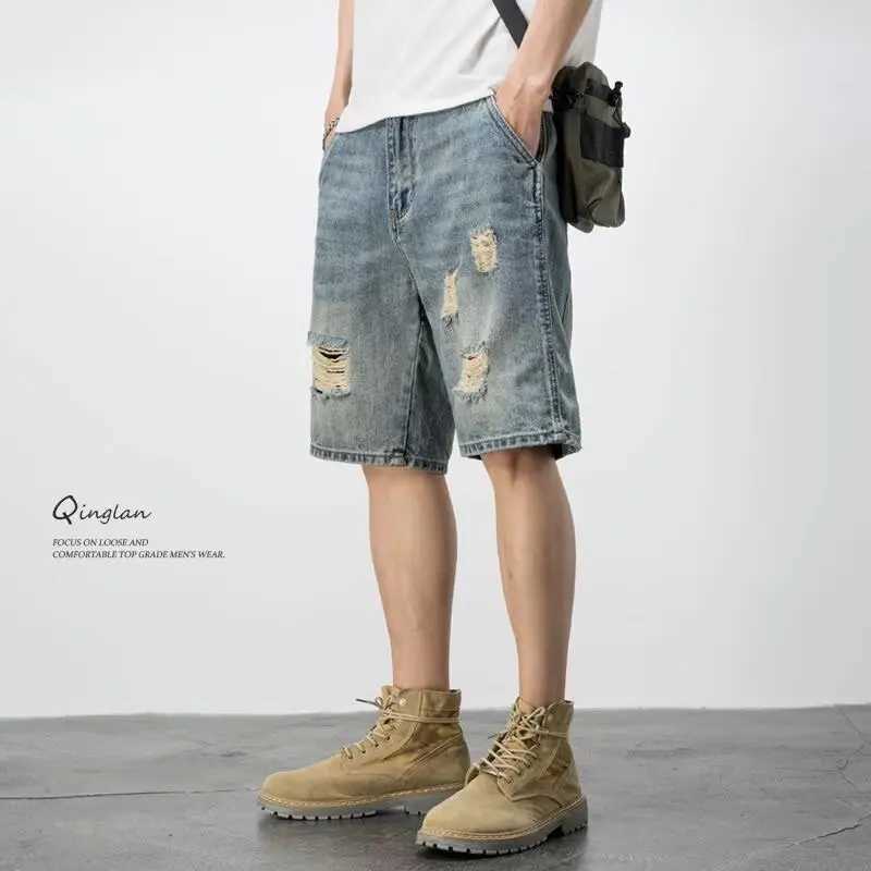 Mens Summer Thin Denim Shorts Trendy Loose Straight Five Part Pants Mens Trendy Brand RipT250603