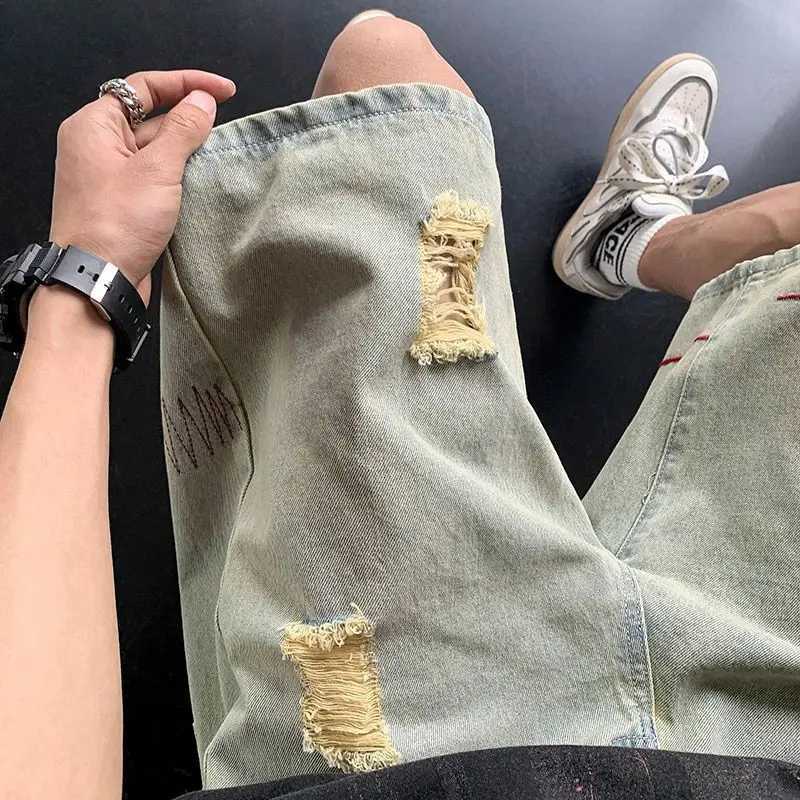 Blue Man Half Denim Shorts Baggy Ripped Short Jeans Pants for Men Vintage Popular XL Streetwear Summer Retro Distressed Designer T250603