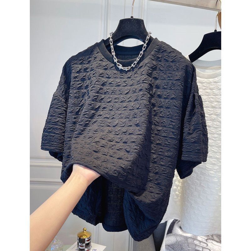 2025 New Summer Men's T-shirt New Summer Unique Design Fluffy Short Sleeve Loose Casual Wrinkle Solid Color Versatile Designer Fashion Trend Text