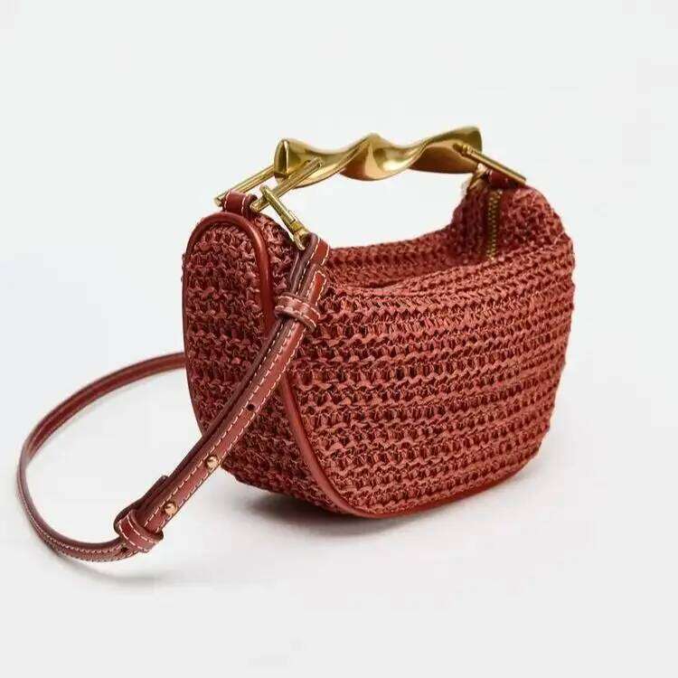 Summer Half-Moon Beach Shoulder Bags Women's Bucket Purse Woven Straw Handbags Casual Tote Crossbody Bag