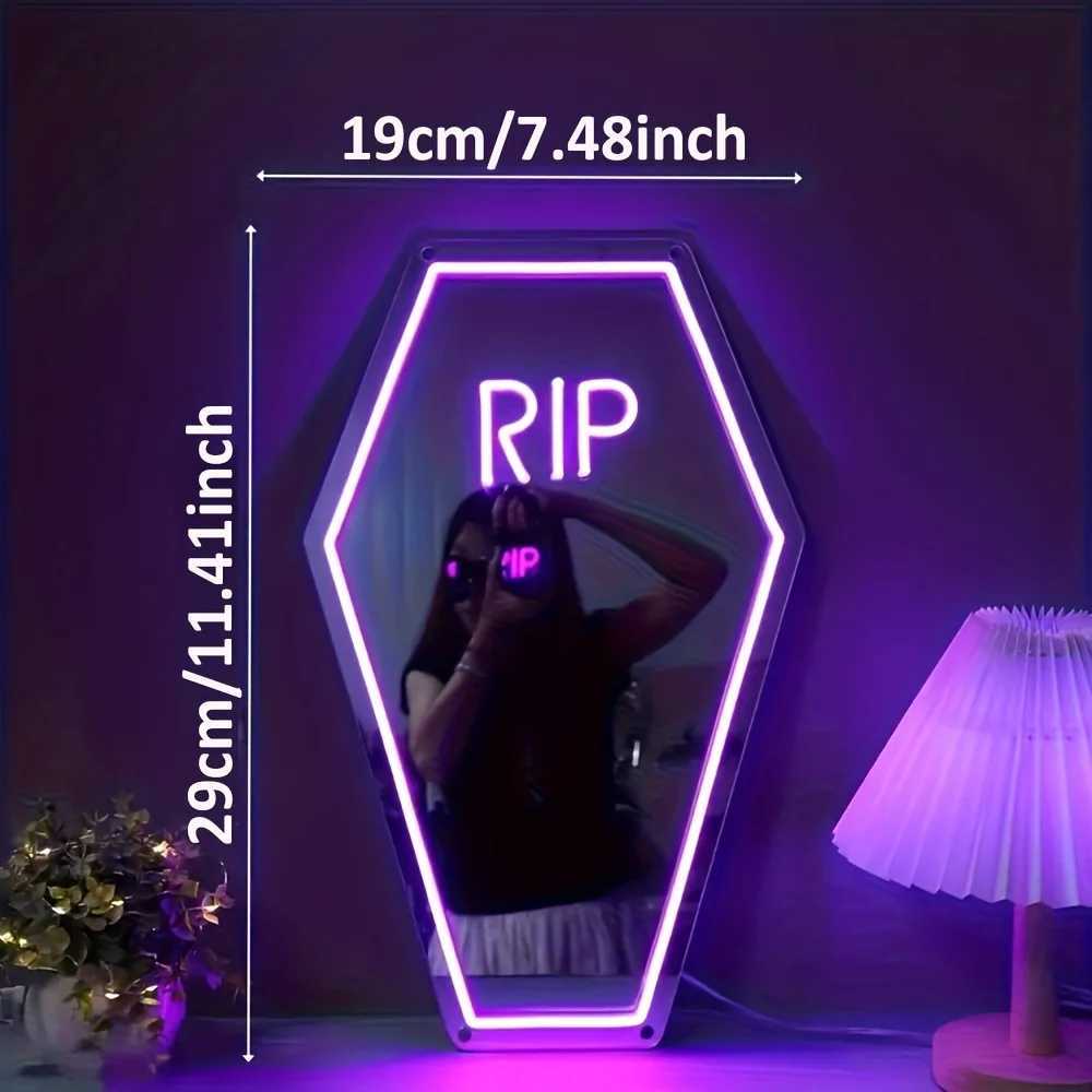 RIP Coffin Shaped Neon Sign Mirror - Gothic Home Decor USB Powered Wall Hanging with Switch Control Plastic Material Multipurpose XJ250602