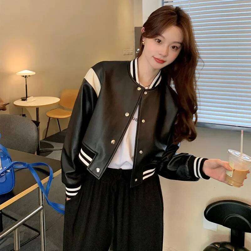 Black And White Color Block Loose Fit Bike Jacket For Women New 2024 Spring Autumn Casual American Style Leather Clip-On J
