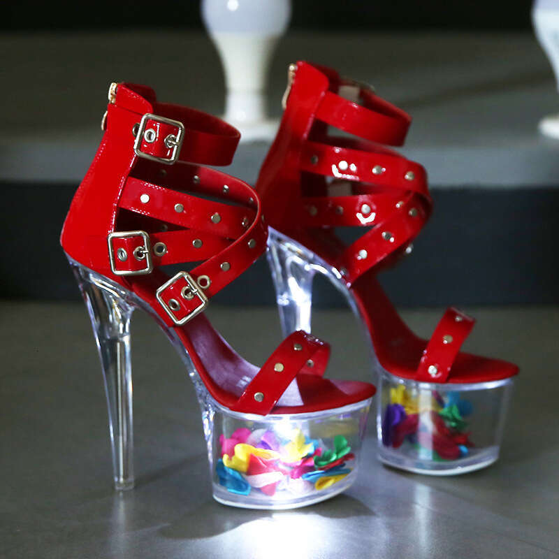 Super High Heels Rivet Zipper Roman Sandals Transparent Glowing 17Cm Stiletto Summer Waterproof Platform Super High Heels Platform High Heels