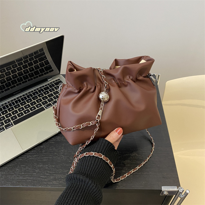 Trendy Women's Bags 2024 Spring Summer New Pleated Bucket Unique Drawstring Chain Shoulder Crossbody Bag ddmynov