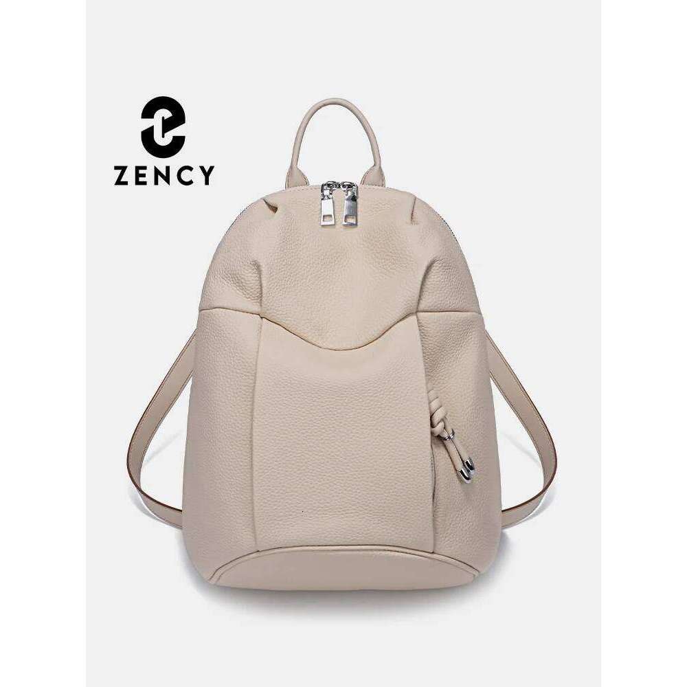 Zency Women's Leather Backpack New Designer Large Capacity Travel Knapsack Girls String Zipper Satchel Khaki Bookbag
