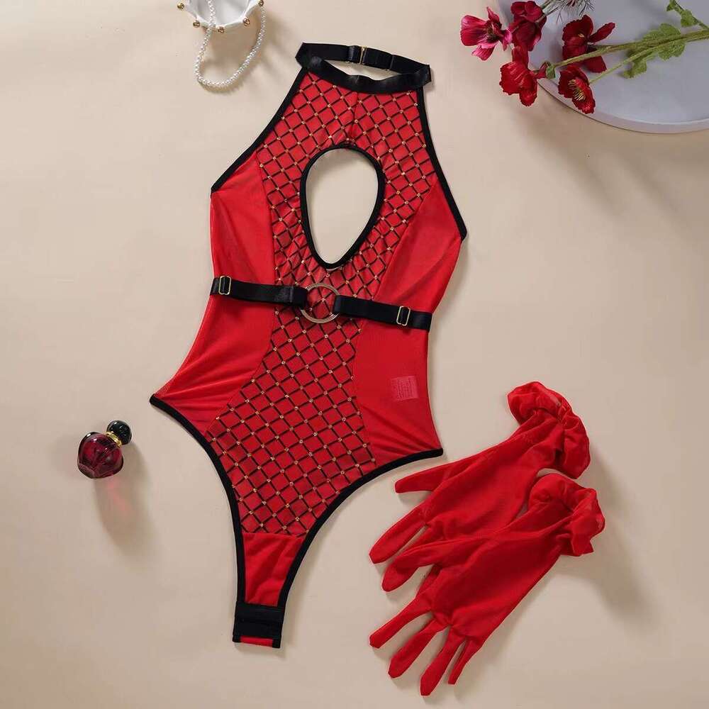 Spell Lingerie Porn Suits New Style Quilted Print Mesh Patchwork Hollow Out Halter Neck Sexy Lingerie With Gloves Sexy Lingerie