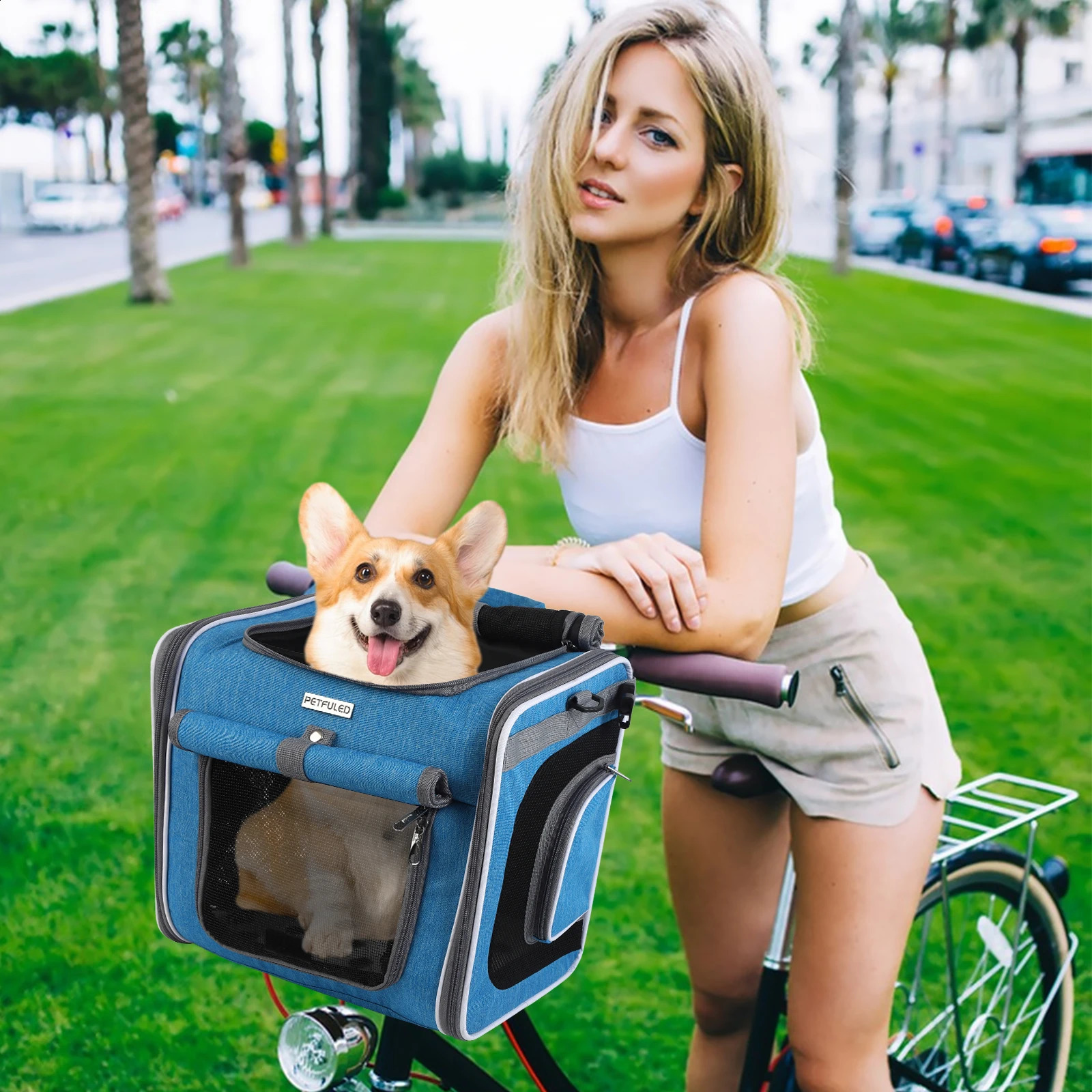 PETFULED Dog or Cat Bike Basket Blue Expandable Soft Sided Pet Backpack with 4 Open Doors Foldable Dog Bike 250526