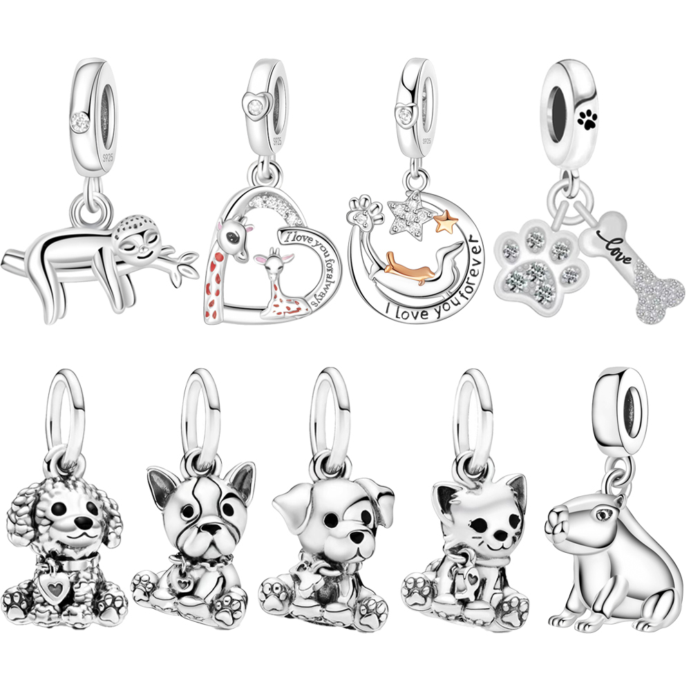 FewDook 2025 New Arrival Cute Pet Series Capybara Sloth Cat Dog Giraffe Pendant Charm Fit Original Pan Bracelet Vintage Fine Jewelry Designer for Wome