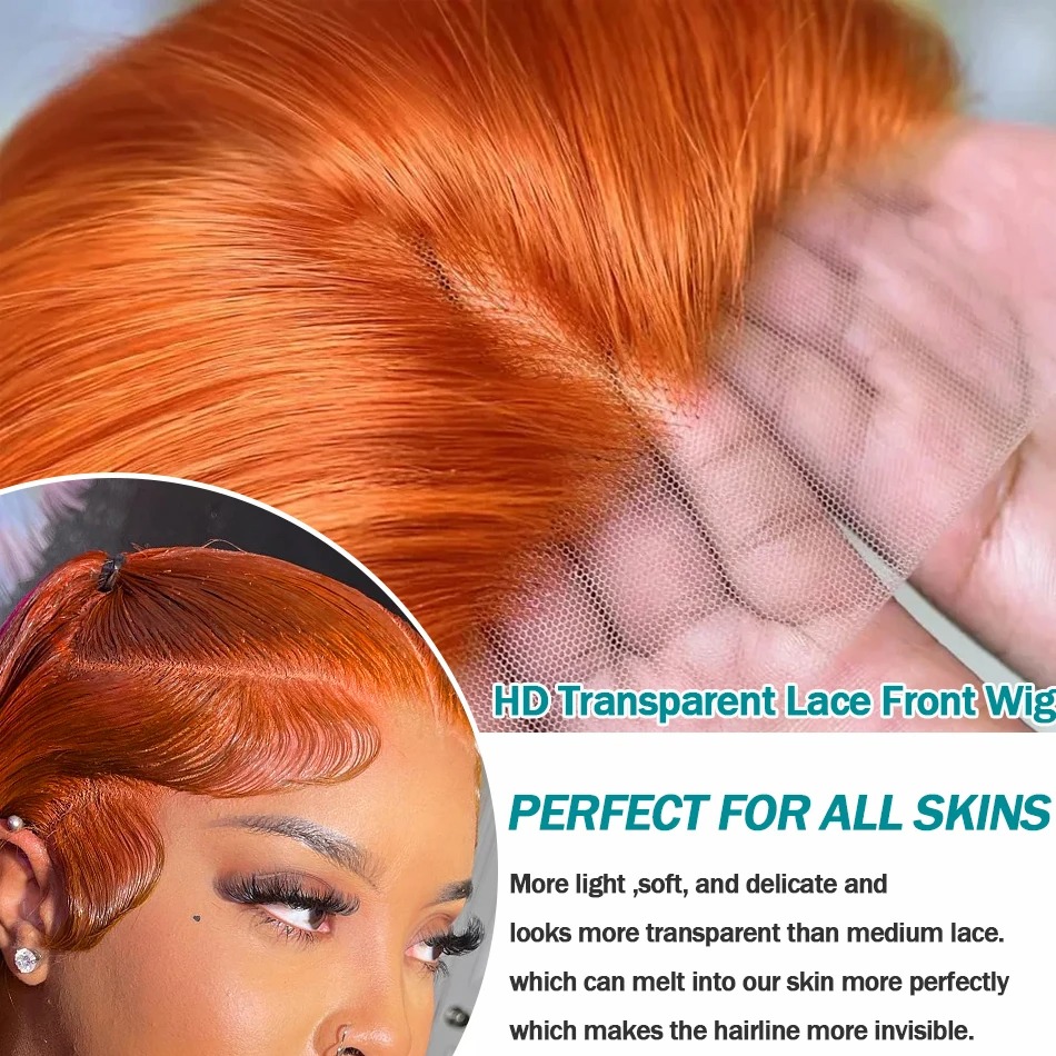 220 32 36 Inch Ginger Orange Bone Straight 13x6 Lace Front Human Hair Wig 13x4 HD Transparent Lace Frontal Wigs Synthetic