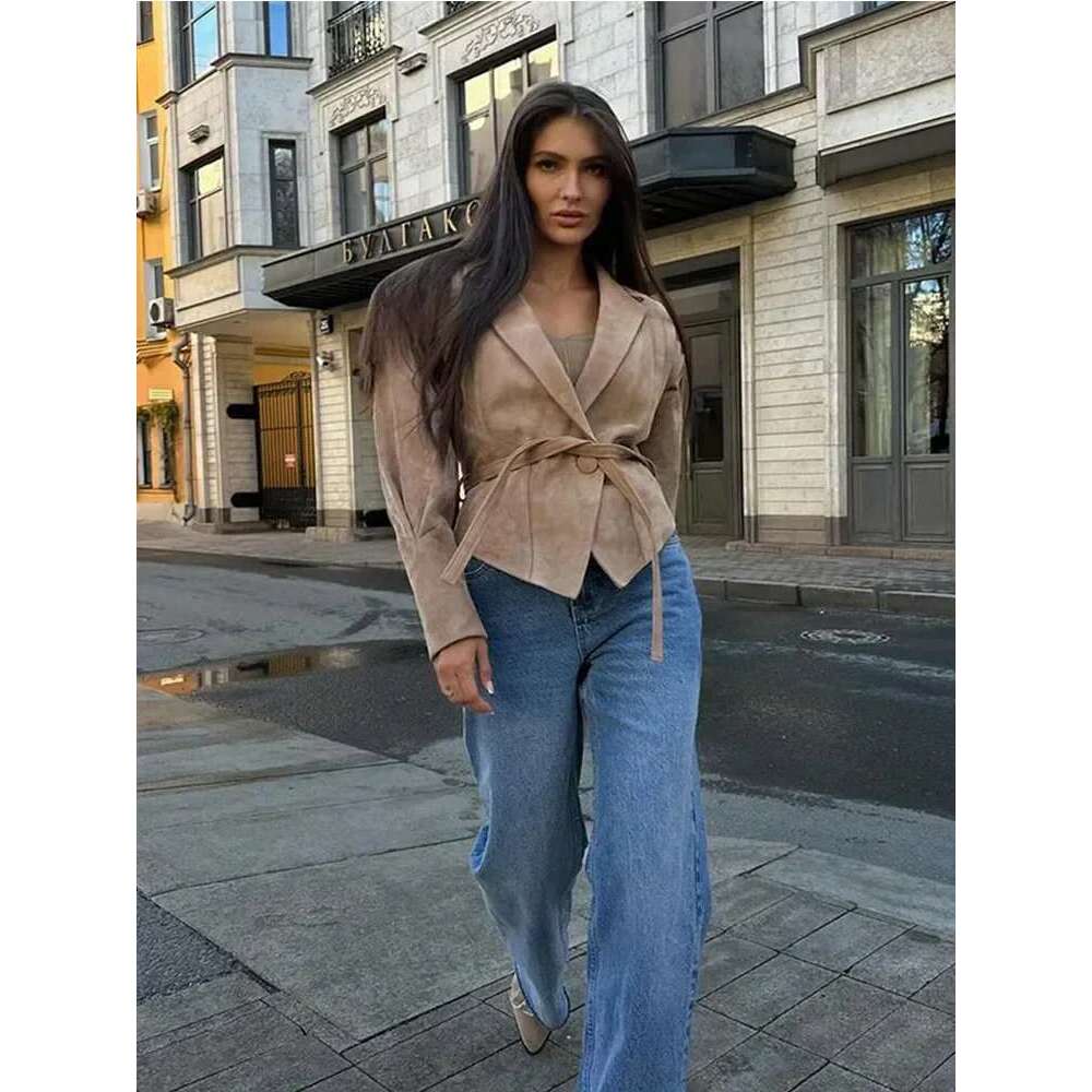 Fashion Retro Women Woolen Jacket Turn-down Collar Slim Fit Long Sleeve High Waist With Belt 2024 Autumn Lady Coat