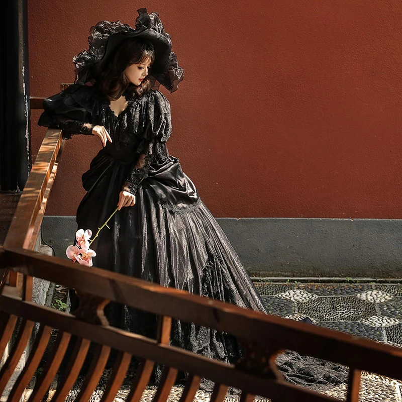 Vintage Princess Black Flower Lace Long Puff Sleeve Ruffles Ball Gown Lace Up Gothic Style Customized Wedding Dress