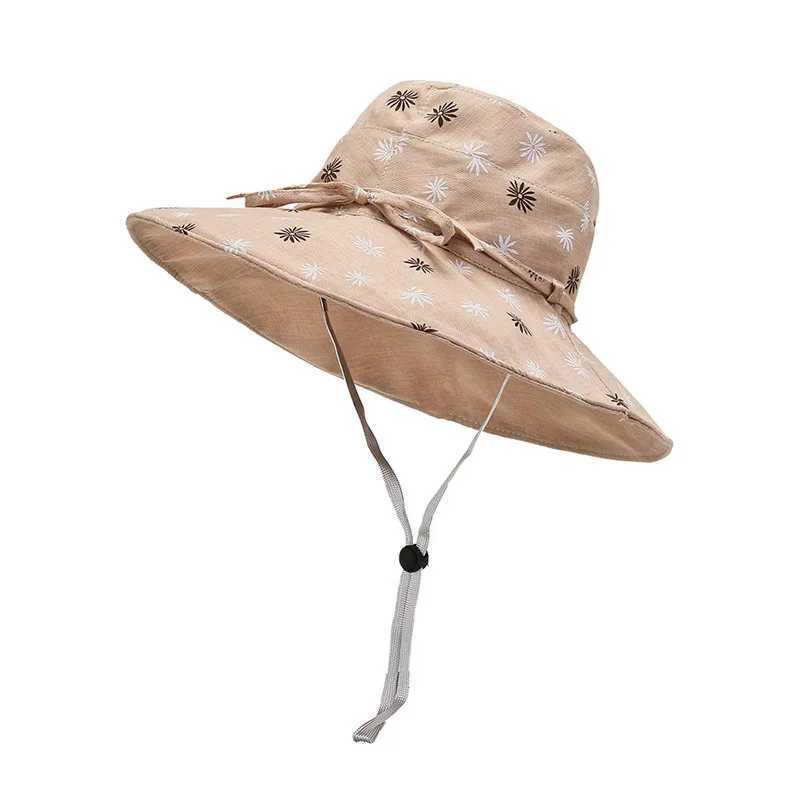 Panama Womens Fragmented Flower Big Brim Fisherman Bucket Hat Outdoor Fashion Sunscreen Beach Summer Cap H94 W250602