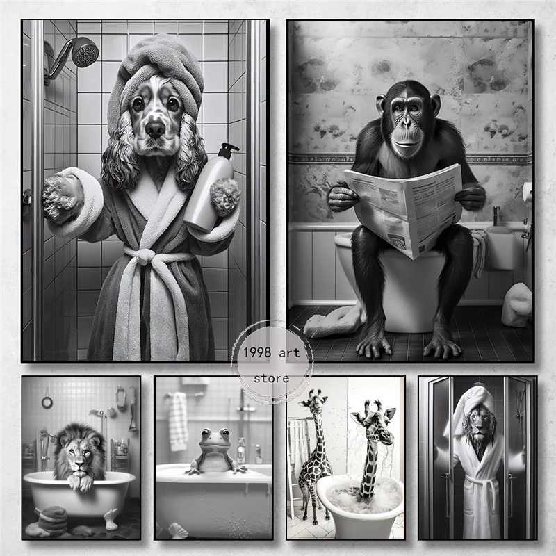 Animal Funny Cute Lion Dog in Bathtub Bathroom Art Poster Canvas Painting Wall Print Picture for Living Room Home DecorT250603