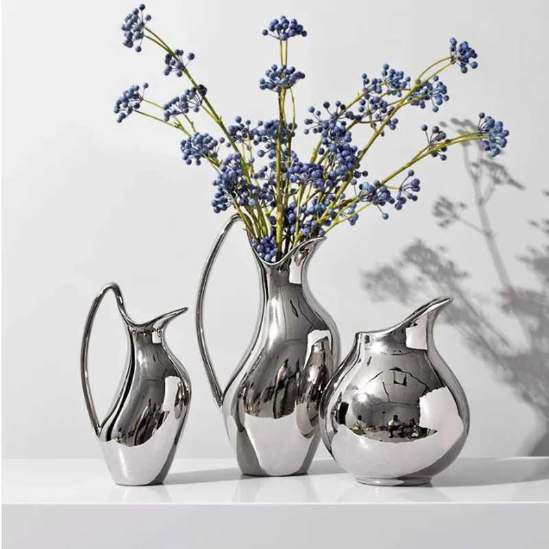 Creative Silver Pot Shaped Ceramic Vase Living Room Decoration Ornament Flower Arrangement Home Decoration Handicraft Y250603